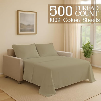 Sleeper Sofa 4 Piece Bed Sheet Set Premium Quality 100% Cotton 500 Thread Count, Smooth & Super Soft Sateen Weave, Extra Soft Bed Sheets, Wrinkle Free, 4 Inch Deep Pocket (Queen, Beige)