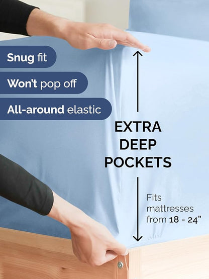 Extra Deep Queen Fitted Sheet - Hotel Luxury Single Fitted Sheet Only - Easily Fits 18 inch to 24 inch Mattress - Ultra Soft, Wrinkle & Fade Free w/Extra Deep Pocket - Breathable & Comfy - Light Blue