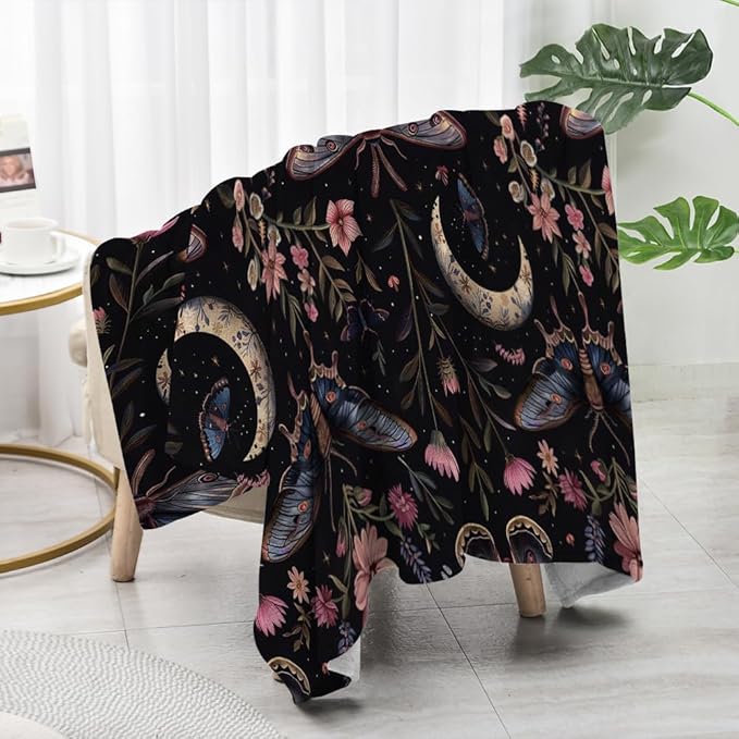 Moon Moth Throw Blanket 60"x80" Soft Cozy Lightweight Flannel,Mystical Night Garden Botanical Celestial Blankets Gifts for Women Gothic Witchy Blanekts for Couch Office Travel Home Decor
