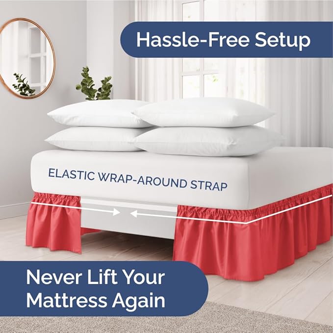 Wrap Around Dust Ruffle Bed Skirt - Red - for Queen Size Beds with 12 Inch Drop - Easy Fit Elastic Strap - Adjustable Pleated Bedskirt w/Brushed Fabric - Wrinkle Free - for Women, Men, Kids & Teens