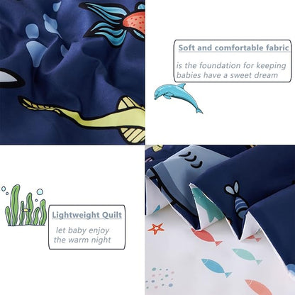 PERFEMET Kids Comforter Sets Boys Full Size-5 Piece Bed in A Bag Navy Blue Ocean Themed Comforter-Soft Reversible Cartoon Fish Shark Bedding Set for Girls Teens(Navy Blue, Ocean)