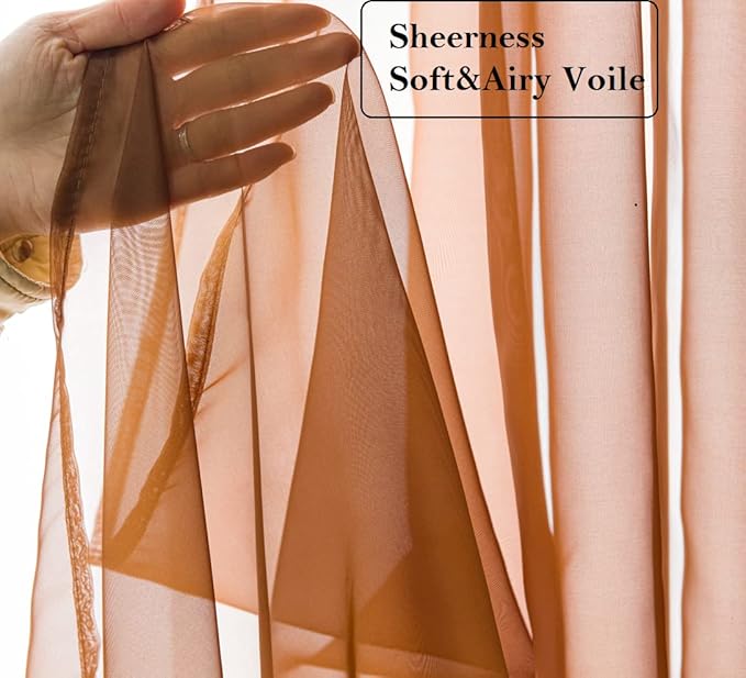 PI Short Sheer Curtains 45 inches Long with Grommet,Light Filter Sheer Window Curtain for Café/Kitchen 2 Panels (W52 X L45, Brown)