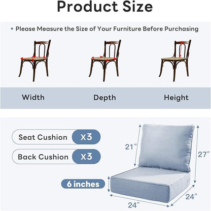 6" Thicker Outdoor Chair Cushion 3 Sets - 24" *24" *6" Waterproof Patio Furniture Cushions with Removable Cover, 28D High Density Sponge Filling Thicken Outdoor Patio Cushions - Baby Blue