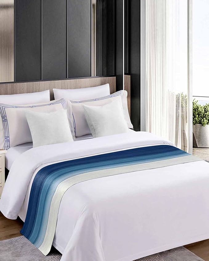 Abstract Navy Blue Ombre Stripe Art Bed Runners for Bedroom Hotel,Decorative Bedding Scarf Modern Color Line Texture Bed End Blanket Bedding Runner Scarves for Full Size Bed,83x20in