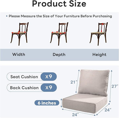6" Thicker Outdoor Chair Cushion 9 Sets - 24" *24" *6" Waterproof Patio Furniture Cushions with Removable Cover, 28D High Density Sponge Filling Thicken Outdoor Patio Cushions - Beige