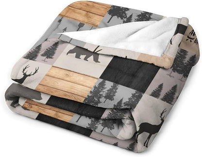 Rustic Cabin Throw Blanket, Retro Camping Bear Deer Farmhouse Wildlife Tree Forest Brown Gray Print Warm Flannel Blanket for Bedroom Camping Travel, 30"x40"