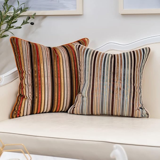 Yangest Brown Striped Throw Pillow Cover Multicolor Velvet Cushion Cover Modern Bohemian Pillowcase for Sofa Couch Bedroom Living Room Home Christmas Decoration,16x16 Inch