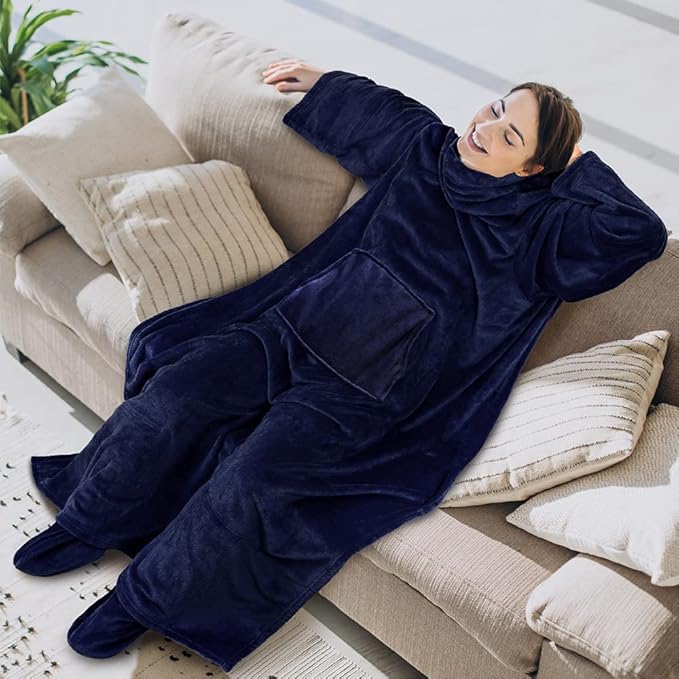 PAVILIA Fleece Blanket with Sleeves, Foot Pockets for Women Men Adults, Plush Wearable Blanket Throw Wrap, Warm Snuggle Blanket Robe, Cozy Gift Ideas Wife Mom, Navy Blue