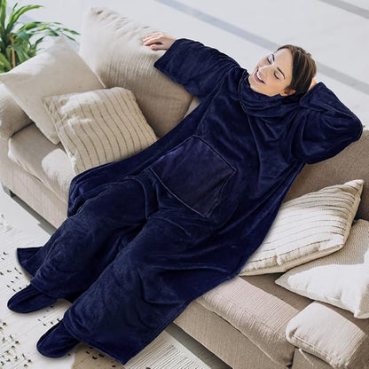 PAVILIA Fleece Blanket with Sleeves, Foot Pockets for Women Men Adults, Plush Wearable Blanket Throw Wrap, Warm Snuggle Blanket Robe, Cozy Gift Ideas Wife Mom, Navy Blue
