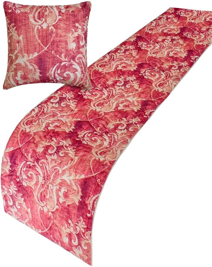 The HomeCentric King/Queen/Twin Pink Decorative CA King 86"x18" Bed Runner with One Pillow Cover, Damask, Quilted Bed Scarf on Velvet Fabric - Pink Dalliance