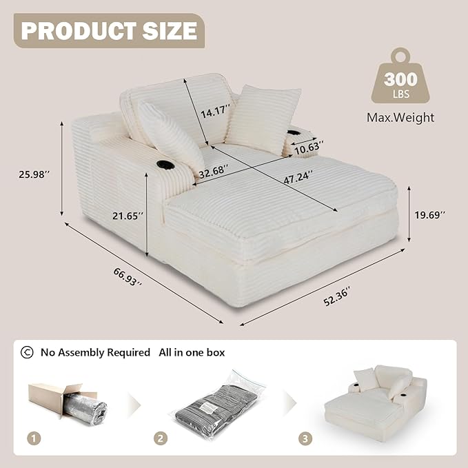 67" Oversized Fluffy Sleeper Chair Indoor, Cozy Cloud Couch with Cup Holders & Throw Pillows, Boneless Chaise Lounge Sofa for Living Room, Movie Room and Apartments, Beige