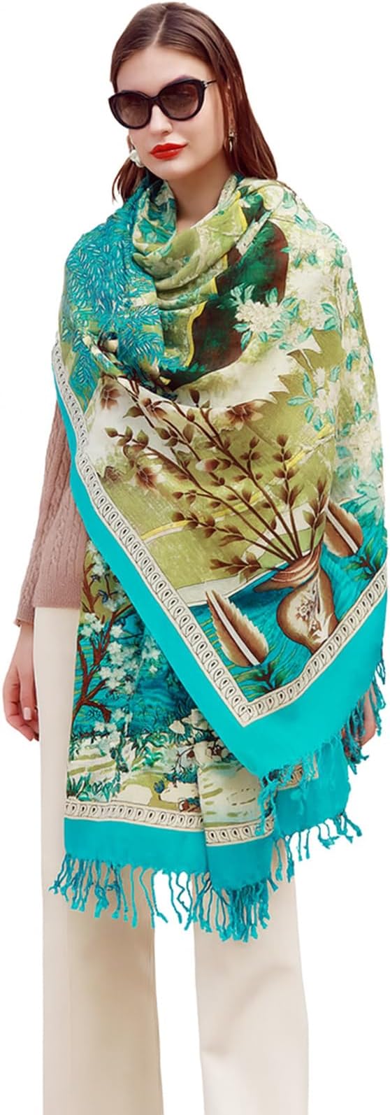 DANA XU 100% Merino Wool Extra Large Pashmina Blanket Travel Scarf Cashmere Wrap for Women Fall Winter Oversize Shawl Floral