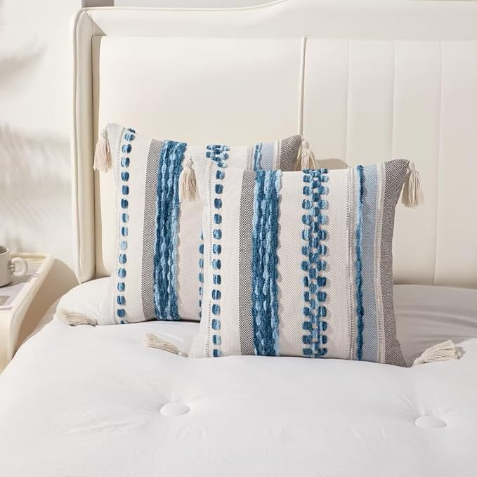 Boho Throw Pillow Covers 18x18 Set of 2 Woven Tufted Farmhouse Pillows Cover with Tassels Textured Striped Cushion Case Neutral Pillow Cases Decorative Pillowcase for Couch Bed,Sky Blue