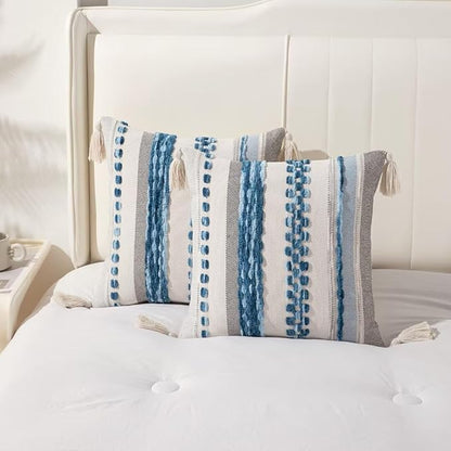 Boho Throw Pillow Covers 18x18 Set of 2 Woven Tufted Farmhouse Pillows Cover with Tassels Textured Striped Cushion Case Neutral Pillow Cases Decorative Pillowcase for Couch Bed,Sky Blue