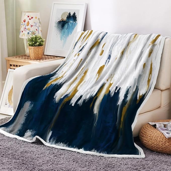Abstract Ombre Throw Blankets, Modren Chic Art Oil Painting Cozy Warm Bed Couch Blanket, Blue Gold White Fleece Flannel Throws to Decorate The Room and Bedroom