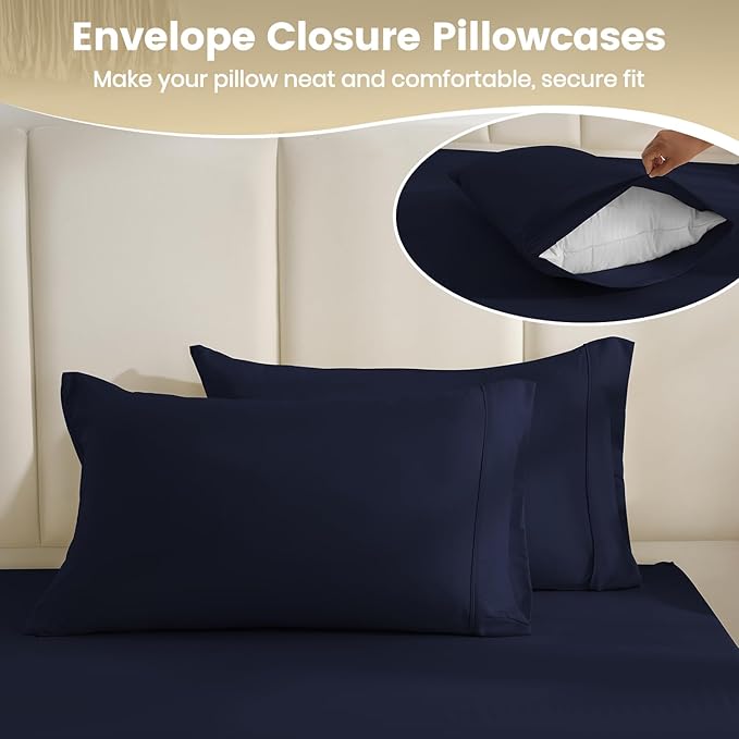 Twin Sheet Set - 3 Piece Super Soft Breathable Bed Sheet & Pillowcase Set, 16" Deep Pocket Hotel Luxury Wrinkle Free Easy Care Bedding Sheets, Dark Blue