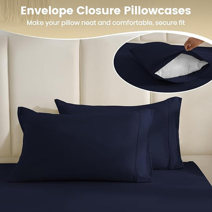 Twin Sheet Set - 3 Piece Super Soft Breathable Bed Sheet & Pillowcase Set, 16" Deep Pocket Hotel Luxury Wrinkle Free Easy Care Bedding Sheets, Dark Blue