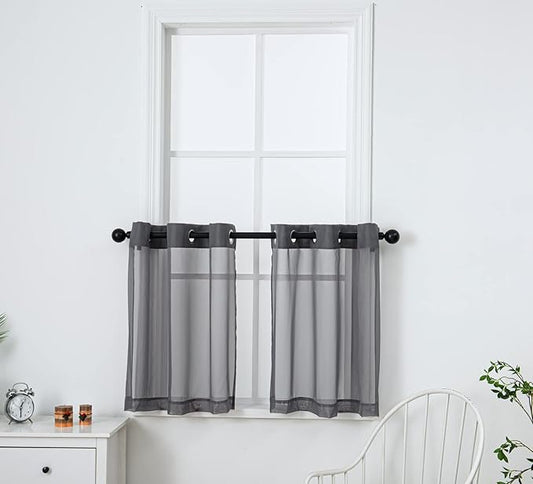 PI Dark Grey Sheer Tier Curtains 30 Inches Length with Grommet,Short Voile Half Window Curtain for Kitchen/Bathroom/Farmhouse/Basement 2 Panels(Dark Grey,W42XL30)