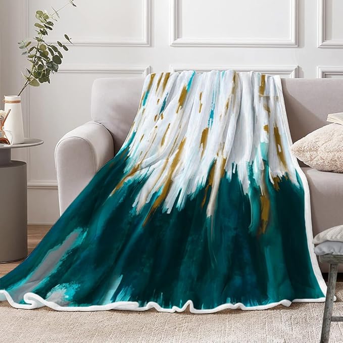Abstract Ombre Throw Blankets, Modren Chic Art Oil Painting Cozy Warm Bed Couch Blanket, Teal Turquoise Gold White Fleece Flannel Throws to Decorate The Room and Bedroom