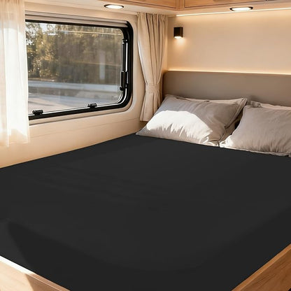 RV Queen Sheets Fitted Only, 60" X 75” Short Queen Sheet for RV Camper, Super Soft & Cozy RV Bed Sheets for RV Bunk with Deep Pocket up to 14", Cooling Jersey Mattress Bottom Sheets, Black