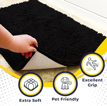Muddy Mat® AS-SEEN-ON-TV Highly Absorbent Microfiber Door Mat and Pet Rug, Non Slip Thick Washable Area and Bath Mat Soft Chenille for Kitchen Bathroom Bedroom Indoor and Outdoor - Black Large 35"X24"