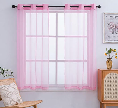 PI Pink Sheer Short Curtains 63 Inches Long with Grommet,Lightweight Voile Window Treatment for Girls Room 2 Panels (W42 X L63, Bright Pink)