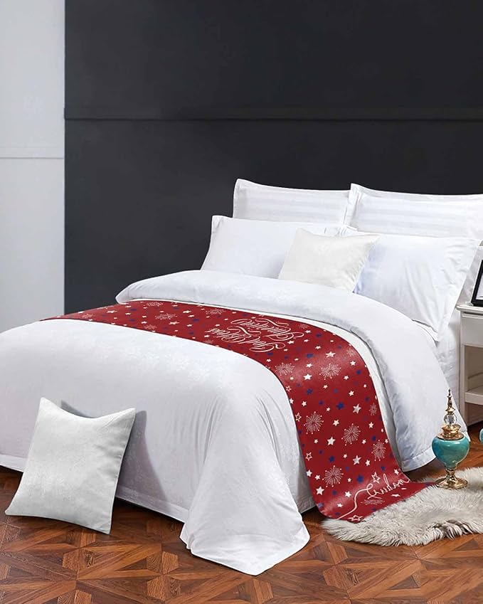Independence Day Blue White Star Bed Runners for Bedroom Hotel,Decorative Bedding Scarf Freedom Celebration on Red Bed End Blanket Bedding Runner Scarves for Queen Size Bed,94x20in