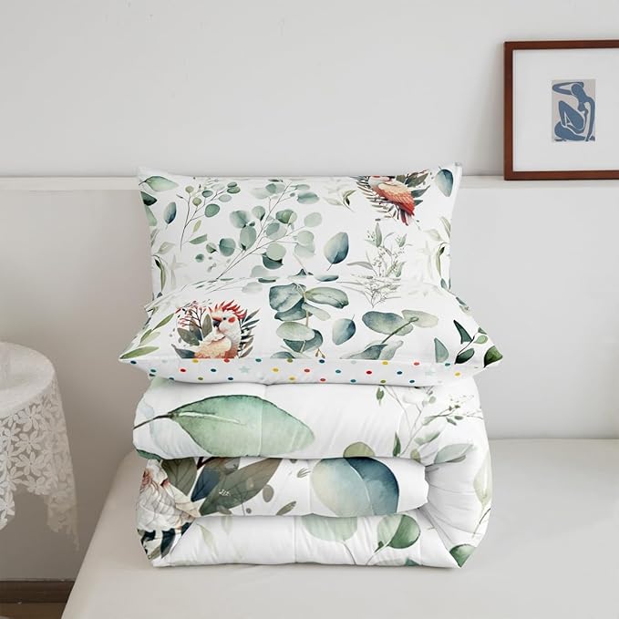 Erosebridal Cartoon Animal Bedding Full Size for Kids Toddler Kawaii Parrot Comforter Set Full, Wild Bird Duvet Insert Cute Wildlife Quilt Comforter, Green Eucalyptus Bedding Comforters & Sets