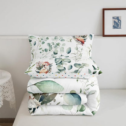 Erosebridal Cartoon Animal King Bedding Sets for Kids Toddler Kawaii Parrot Comforter Set, Wild Bird Duvet Insert Cute Wildlife Down Comforter, Botanical Green Eucalyptus Bedding Comforter Sets