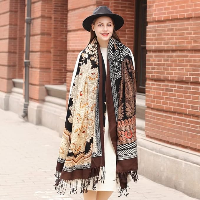 DANA XU 100% Merino Wool Pashmina Shawl for Women 96"x43", Oversized Cashmere Wrap with Tassels, Floral Travel Blanket Cape