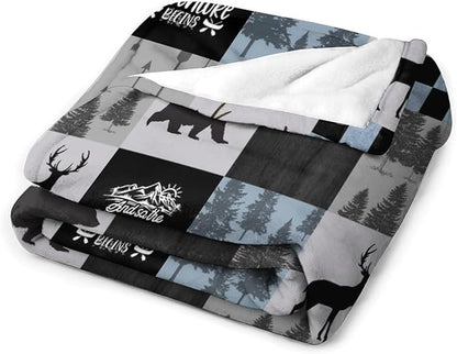 Bear Cabin Plaid Blanket, Rustic Retro Bear Deer Patchwork Gray Blue Farmhouse Throw Blanket for Couch Bed Living Room, 30"x40"