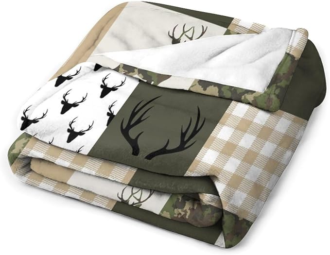 Camouflage Deer Blanket, Vintage Camo Green Beige Plaid Rustic Cabin Wildlife Hunting Blankets for Mens Room Bed Sofa, 40"x50"