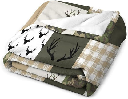 Camouflage Deer Blanket, Vintage Camo Green Beige Plaid Rustic Cabin Wildlife Hunting Blankets for Mens Room Bed Sofa, 40"x50"