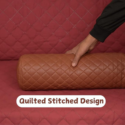 Neck Roll Pillow Cushion Cover, 18x6 Inch Full Moon Round Bolster Pillow Case, Cylinder Soft Lambskin Leather Pillowcase for Head, Spine & Neck Support During Sleep - Quilted Brown Pack of 2