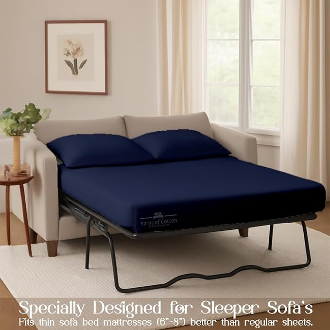 Sleeper Sofa 4 Piece Bed Sheet Set Premium Quality 100% Cotton 500 Thread Count, Smooth & Super Soft Sateen Weave, Extra Soft Bed Sheets, Wrinkle Free, 6 Inch Deep Pocket (Twin, Navy)