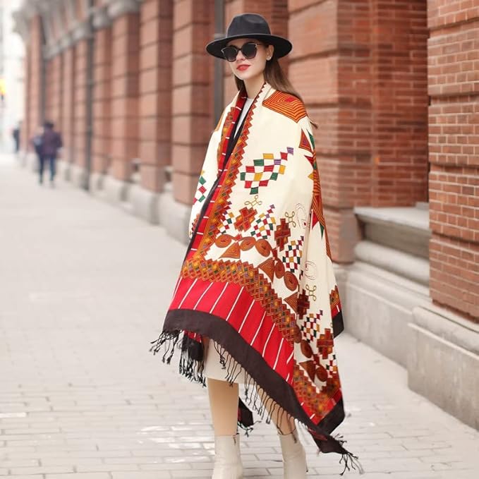 DANA XU 100% Merino Wool Pashmina Shawl for Women 96"x43", Oversized Cashmere Wrap with Tassels, Floral Travel Blanket Cape