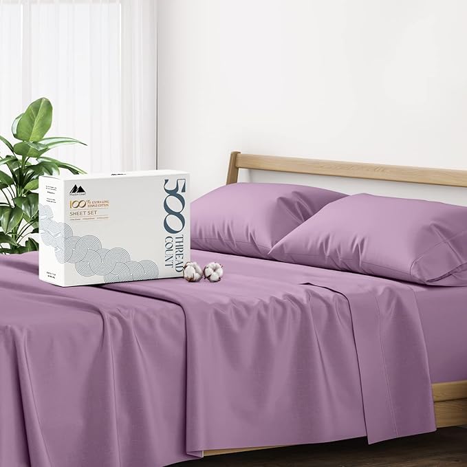 Mayfair Linen 100% Cotton Bed Sheets Queen Sheet Set - 500 Thread Count Sheets Queen Size 4 PC Set (Plum) Soft, Cooling, Hotel-Quality 16" Deep Pocket Sateen Cotton Bedsheet for Hot Sleepers