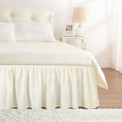 RIMELA Cream Bed Skirt Queen Size 12 Inch Drop, Wrap Around Elastic Adjustable Bedskirt, Bed skirting Dust Ruffle for Bed Frame & Box Spring Soft Durable Fabric Machine Washable Easy to Install