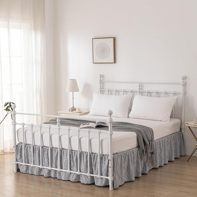 Bed Skirt Full Size Ruffled Bed Skirt with Split Corners, 18 Inch Drop Dust Ruffle Bed Skirts with Platform, Boho Tufted Shabby Chic Full Size Bed Skirts, Light Grey
