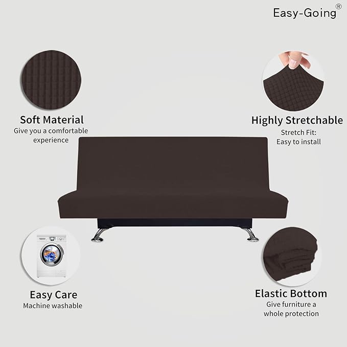 Easy-Going Stretch Futon Slipcover Armless Sofa Cover Furniture Protector Without Armrests Slipcover Soft with Elastic Bottom for Kids, Spandex Jacquard Fabric Small Checks(futon,Chocolate)