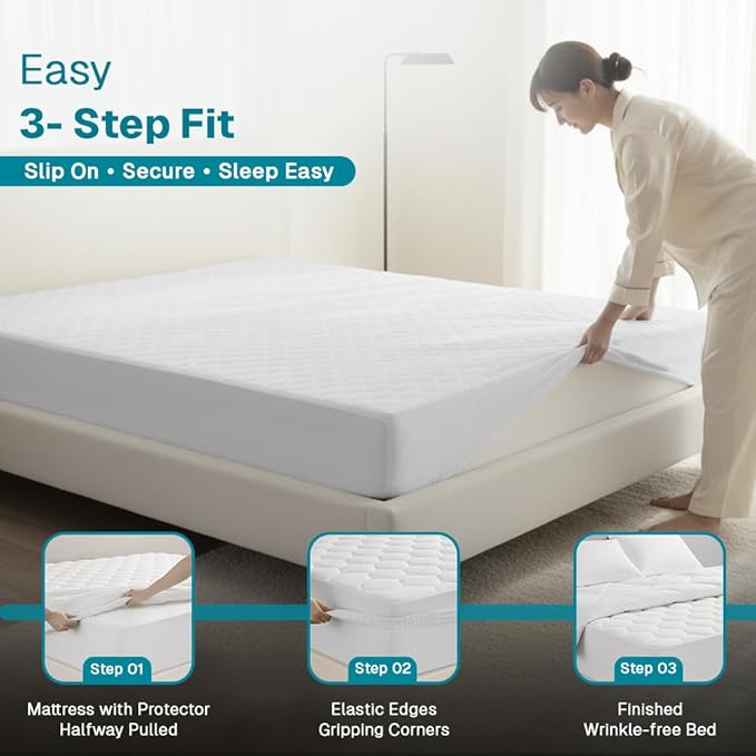 FABDREAMS Organic Quilted Mattress Protector | Mattress Pad| Queen Mattress Cover| Naturally Breathable | Noiseless| Fits up to 17" Deep Pocket| Temperature Regulating | Queen | White