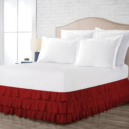 Multi-Ruffle Bed Skirt, Soft Multi Elastic Dust Ruffles with Wrap Around Bed Skirt Easy Fit with 18 Inch Drop 100% Cotton 800 Thread Count (Short Queen, Burgundy)
