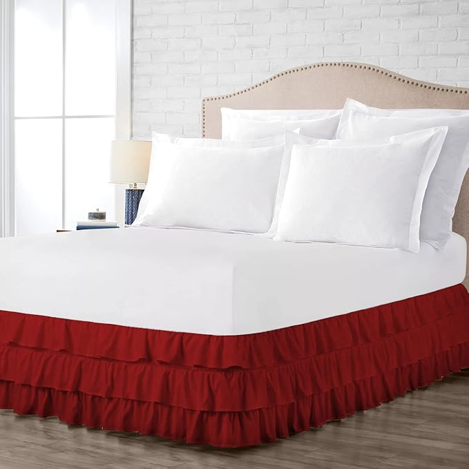 Multi-Ruffle Bed Skirt, Soft Multi Ruffle Bed Skirt Elastic Dust Ruffles with Wrap Around Bed Skirt Easy Fit with 18 Inch Drop 100% Cotton 800 Thread Count Bed Skirt (RV Bunk 42X80, Burgundy)