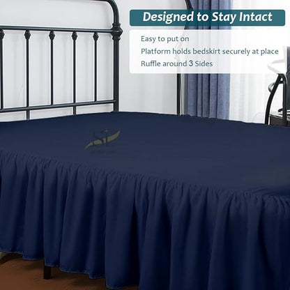 Shreem Linen Ruffled Bed Skirt with Split Corners, Gathered Style, 100% Microfiber, 8-Inch Drop, Dust Ruffle Bedskirt with Platform, Queen, Navy Blue