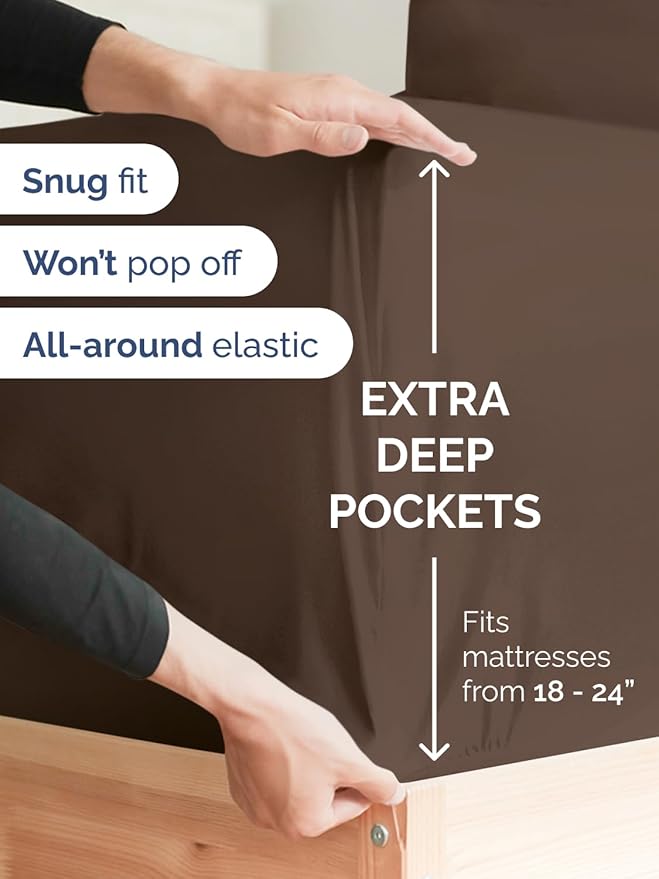 Extra Deep Twin Fitted Sheet - Hotel Luxury Single Fitted Sheet Only - Easily Fits 18 inch to 24 inch Mattress - Ultra Soft, Wrinkle Free w/Extra Deep Pockets - Easy-Care, Breathable & Comfy - Brown