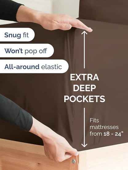 Extra Deep Split King Fitted Sheet - Hotel Luxury Single Fitted Sheet Only - Easily Fits 18 inch to 24 inch Mattress - Ultra Soft, Wrinkle & Fade Free w/Extra Deep Pocket - Breathable & Comfy - Brown