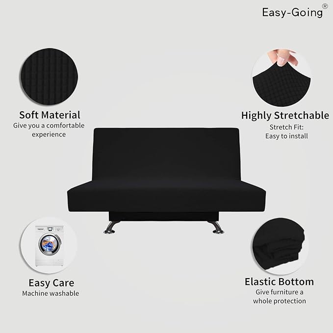 Easy-Going Stretch Futon Slipcover Armless Futon Bed Cover Furniture Protector Without Armrests with Elastic Bottom for Kids, Soft Jacquard Fabric Small Checks (Medium, Black)