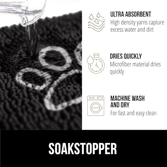 GORILLA GRIP SOAKSTOPPER Dog Door Mat, 36x24 Machine Washable Rug Absorbent Doormat Captures Moisture Mud Dirt, Quick Dry Soft Chenille Entryway Rugs Indoor Entrance Mats for Dog Paws, Black White