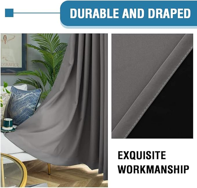 H.VERSAILTEX 100% Blackout Curtains for Bedroom Thermal Insulated Blackout Curtains 84 inch Length Heat and Full Light Blocking Curtains for Living Room with Black Liner 2 Panels Set, Grey