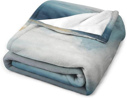 Fashion Gradient Blanket, Modern Art Abstract Blue Sea View Painting Strokes Pattern Soft Warm Cozy Plush Flannel Covers for Livingroom Bedroom Couch Chair Camping Travel Home Decor Tapestry 40x50in